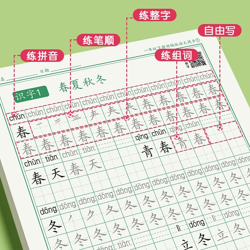 六品堂一年级语文同步练字帖人教版小学生专用字帖硬笔书法练字本楷书笔画笔顺儿童铅笔描红练习写字每日一练 一年级上下册（3铅笔+2握笔器）