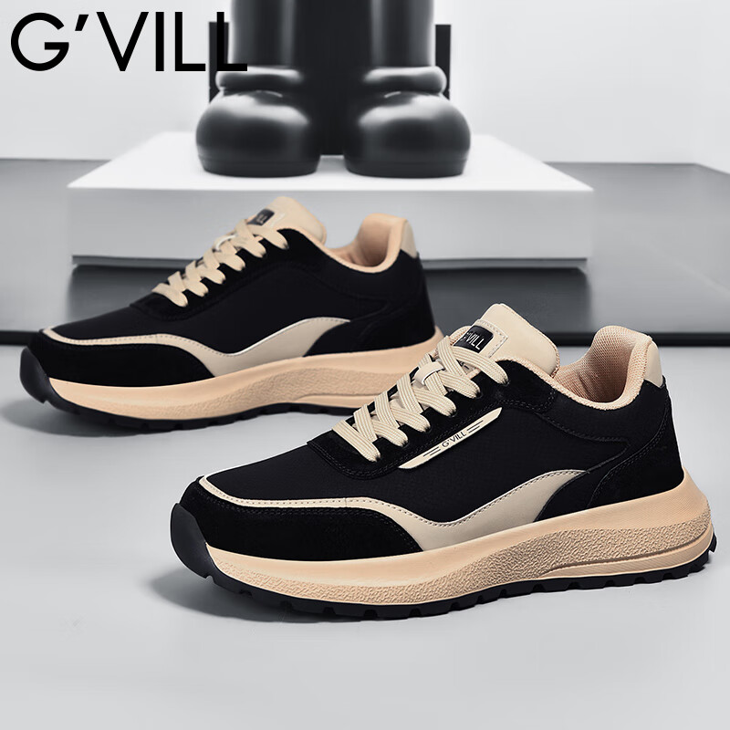 贵之步新款春秋2026男士百搭增高阿甘鞋户外防滑耐磨复古潮流休闲运动鞋 黑杏 G010 42 （运动鞋码）