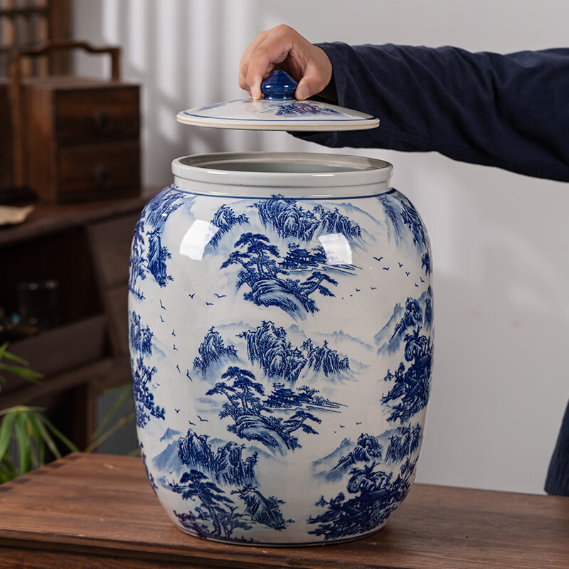厚古薄今景德镇青花茶叶罐大号陶瓷储存茶密封特大茶饼罐山水储茶缸防潮 青花山水-大号