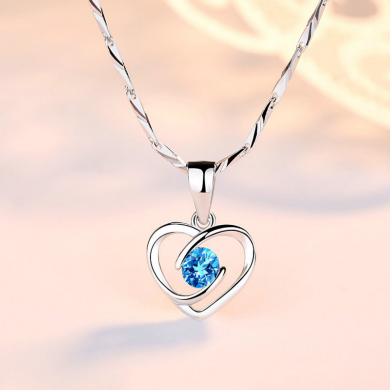 石999锁骨项链女生韩版简约心形吊坠送女友老婆生日礼 蓝色心形托帕石