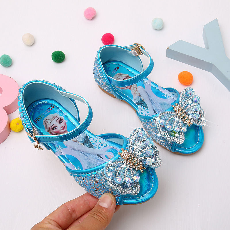 女童凉鞋艾莎公主鞋小女孩鞋爱莎软底水晶鞋 湖蓝(蝴蝶款) 29 内长约18.2厘米