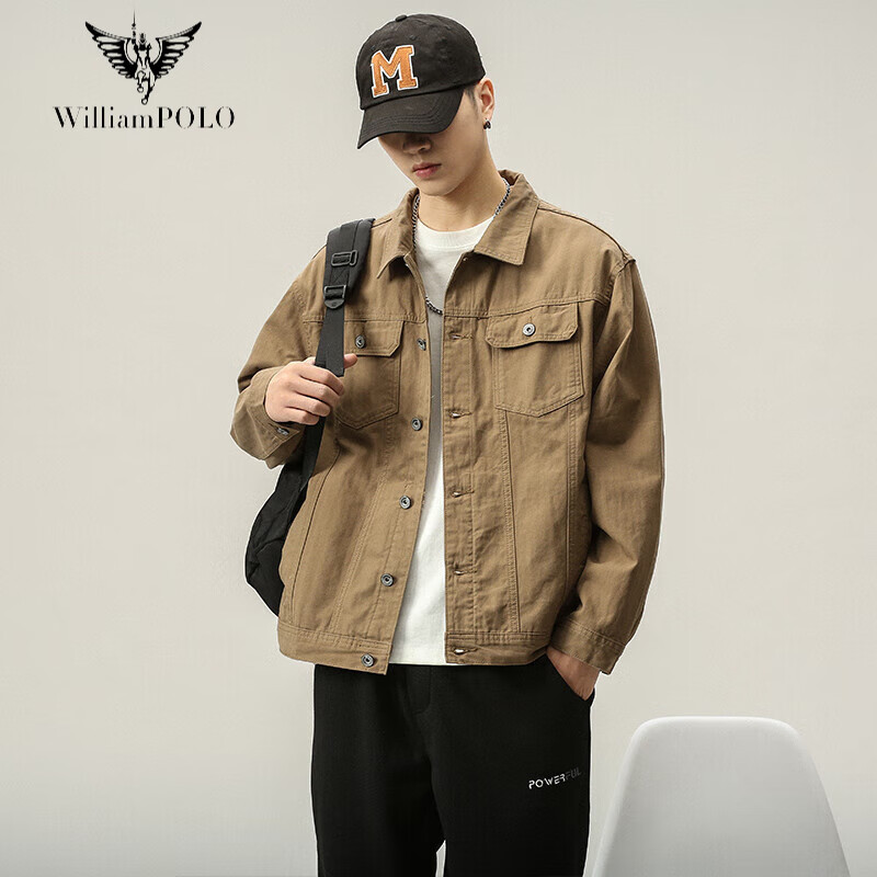 英皇保罗外套男卡其色牛仔夹克春秋款工装痞帅腰果花设计感上衣潮