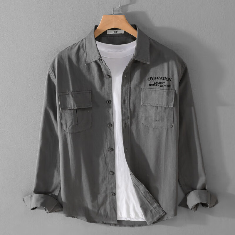 %纯棉男装长袖衬衫休闲复古工装宽松日系衬衣男外套潮阿美咔叽 灰色 m