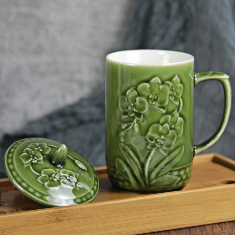乾唐轩活瓷杯【官方授权】蝴蝶兰花高杯陶瓷杯办公茶杯水杯带盖送人礼品 耀州绿