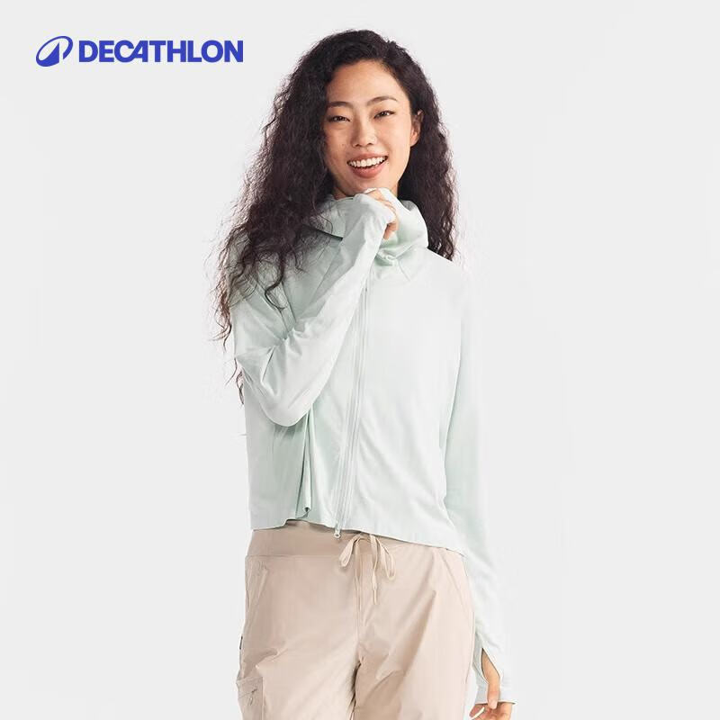 迪卡侬户外防晒衣女夏季防紫外线凉感透气轻薄短款冰丝防晒服新款 短款凉感-绿色款 XL /2XL