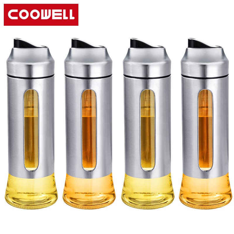 COOWELL 油壶厨房用品油瓶调料调味瓶 自开合不锈钢外壳 大容量玻璃油壶 4件套 500ml