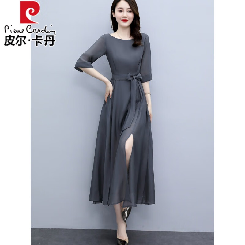 皮尔卡丹母亲节天丝连衣裙女欧货2024新款夏季感法式收腰显瘦开叉长裙子 深灰色 XL