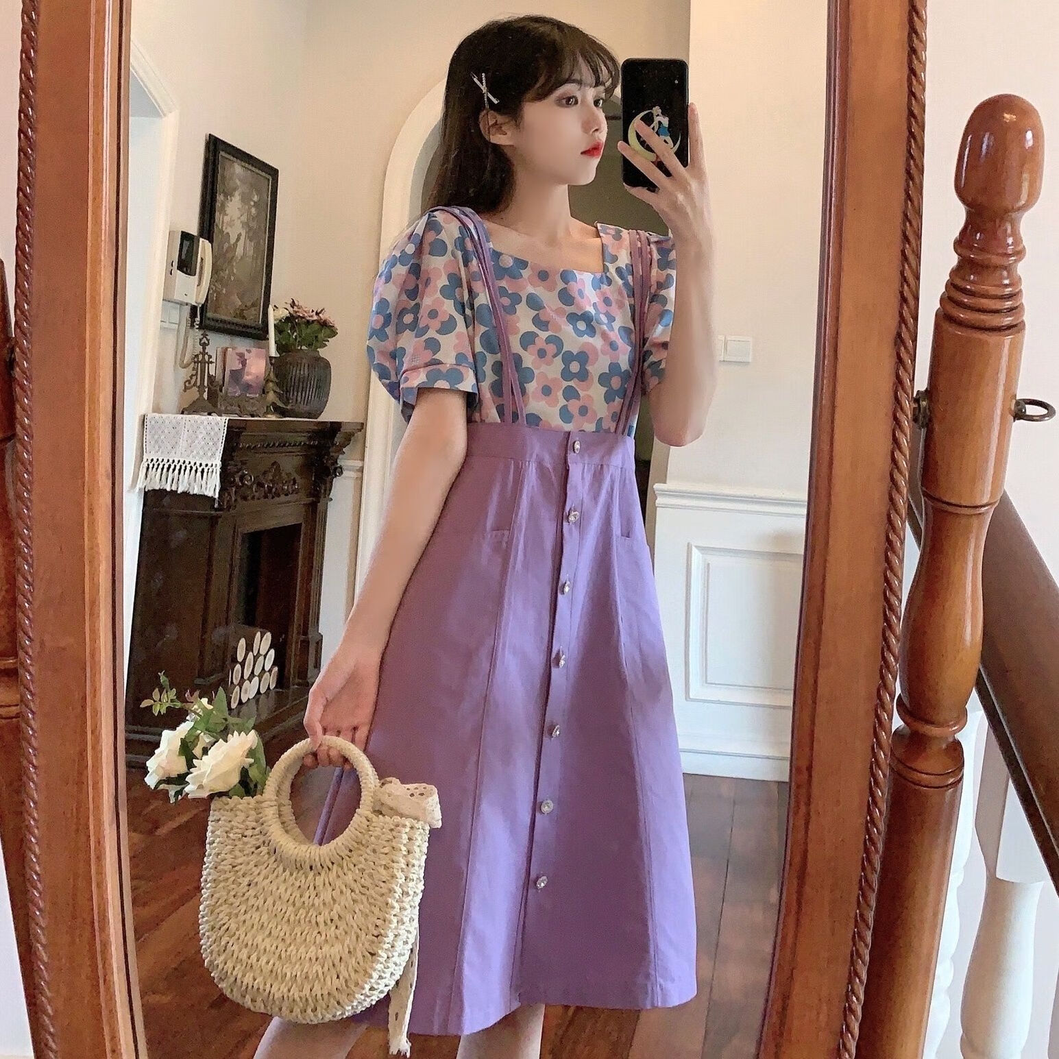 北岑一米五胖女生穿搭显瘦格子裙夏季大码女夏季胖mm洋气减龄碎花方领