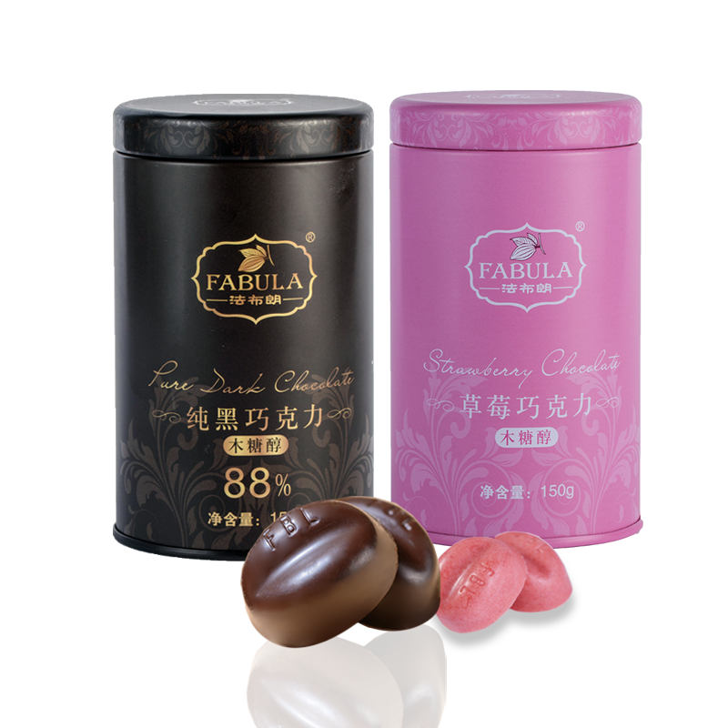 法布朗木糖醇抹茶草莓白巧克力88%黑巧克力礼盒罐装散装烘焙木糖醇休闲食品零食 【两罐装】草莓+88%（150g/罐）
