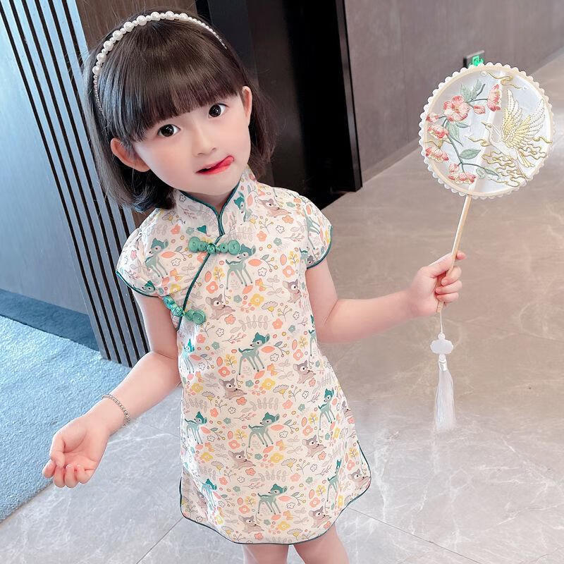 九能女童甜美中国风旗袍儿童唐装中小童汉服纯棉2025夏季新款宝宝裙子 扇子狗 100 适合身高80CM左右