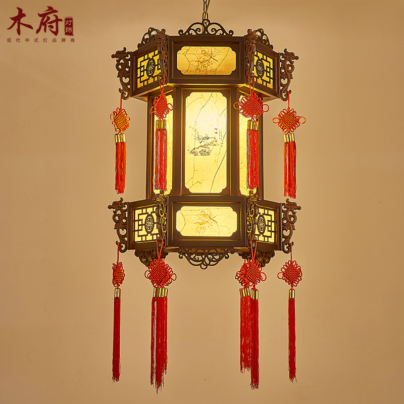 木府中式灯笼六角仿古宫灯古典实木吊灯中国风龙头雕刻茶楼古建筑灯