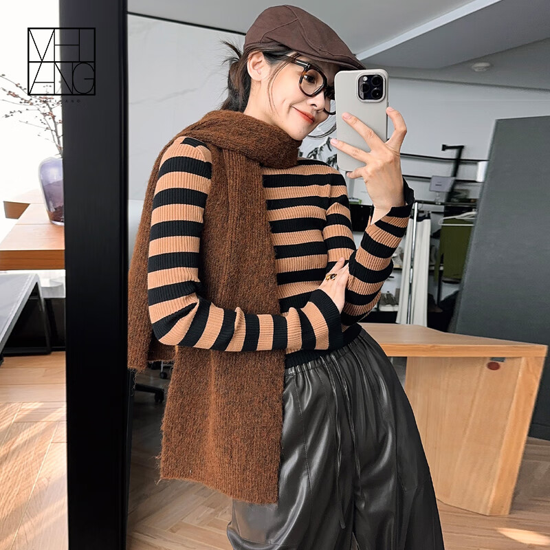 美洋(meiyang)双色打底衫巨显瘦法式条纹圆领弹力修身针织上衣时尚