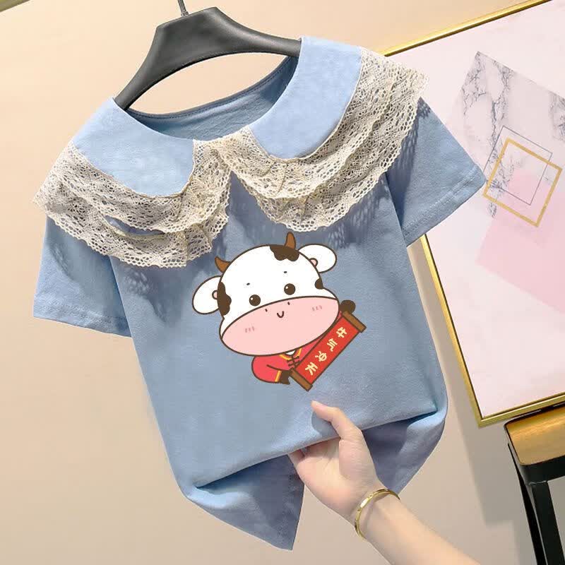 夏装新款潮小女孩童装半袖花边韩版印花儿童上衣 【灰蓝色】牛气冲天