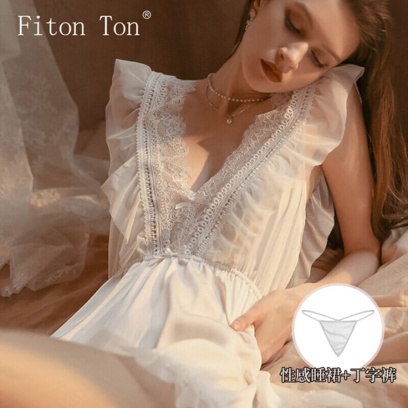 FitonTon睡裙女性感睡衣蕾丝薄款冰丝纯欲风睡衣夏季女+T裤NY0085 白色