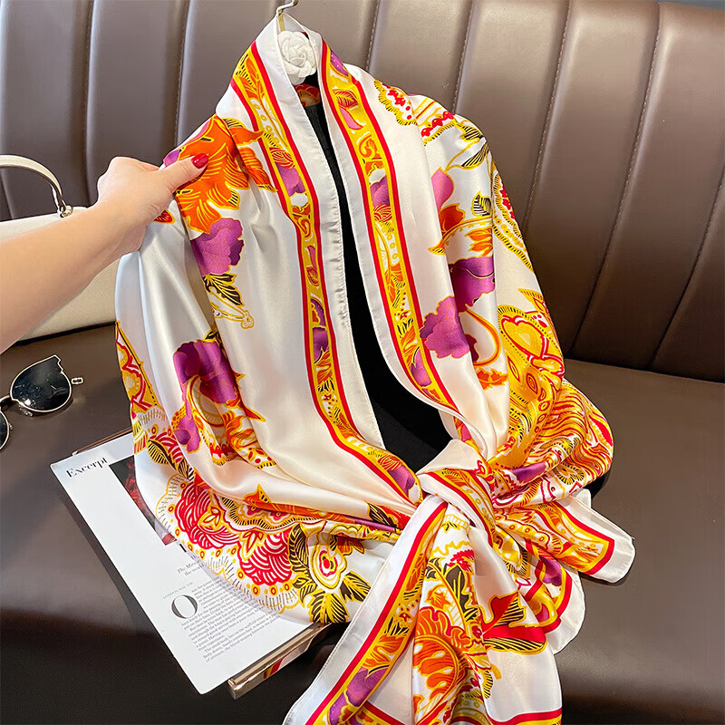 菲中国风外搭披肩女防晒大长巾花朵印花春意满满百搭仿真丝装饰丝巾