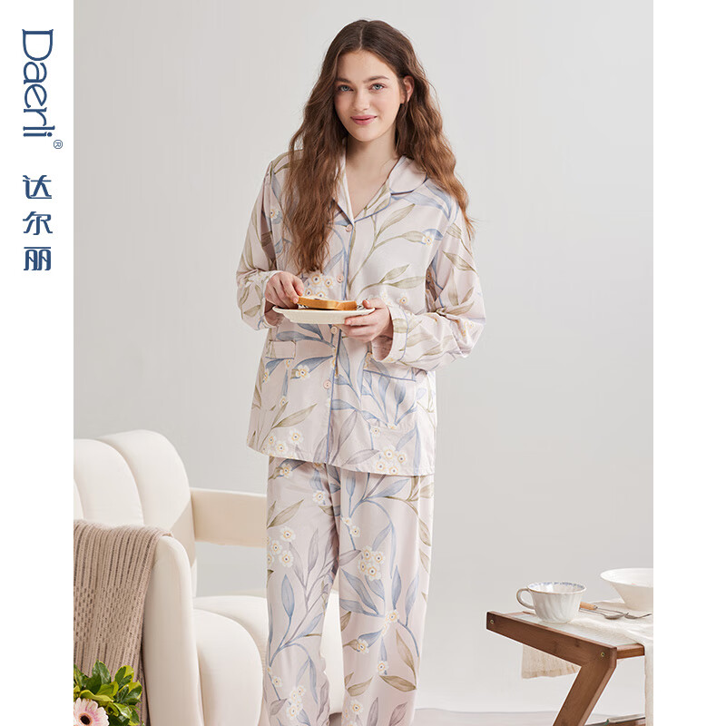 达尔丽睡衣女春秋长袖玫瑰印花大码休闲针织棉开衫国风家居服套装夏新款 T8245118-018-杏色 XL