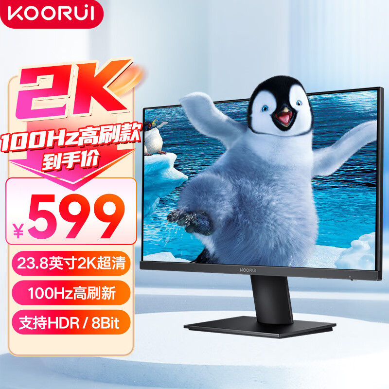 KOORUI科睿 23.8英寸 2K IPS显示屏 100Hz电子书模式 低蓝光不闪屏广色域 家用商务办公电脑显示器 P4 黑色