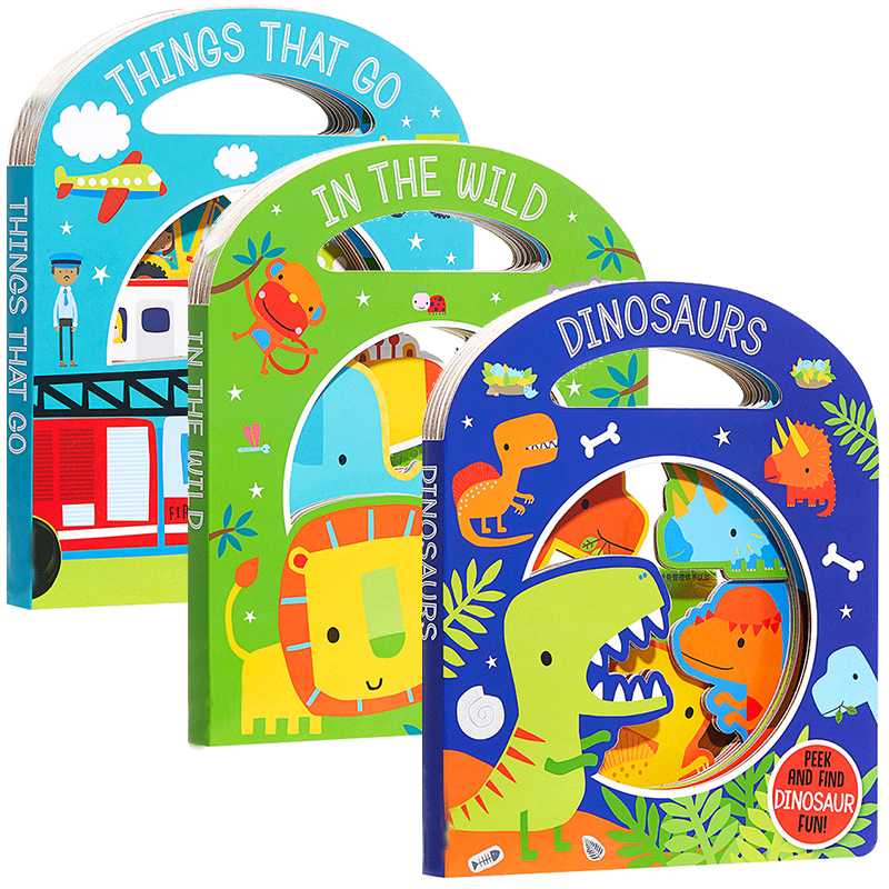 儿童低幼启蒙书纸板书3册套装Busy Windows Dinosaurs/Things That