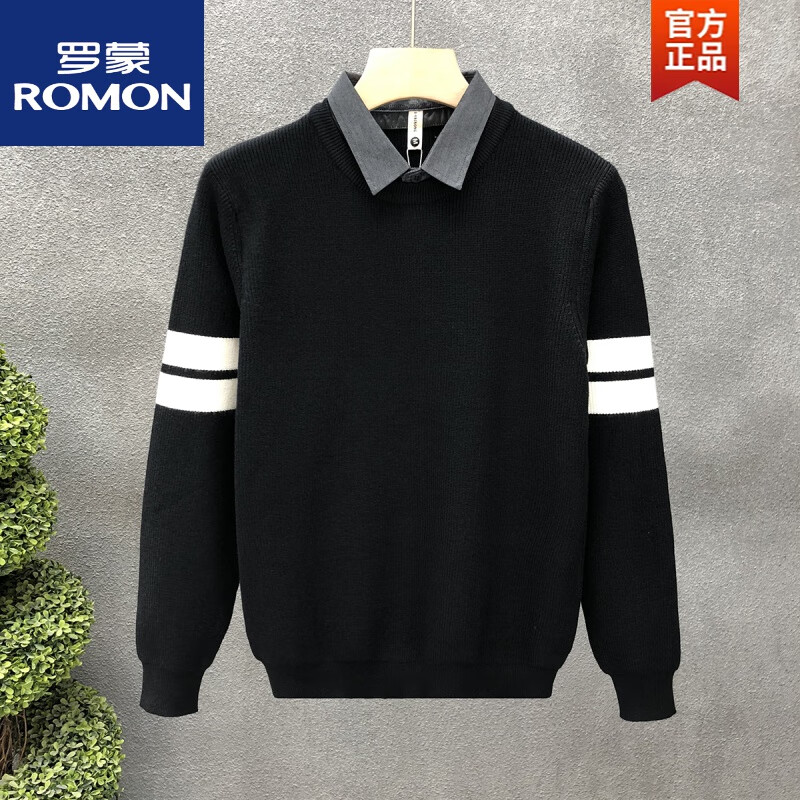 罗蒙（ROMON）假两件毛衣男衬衫领内搭打底衫秋冬季新款男士修身翻领针织衫 黑色 XL 120140斤