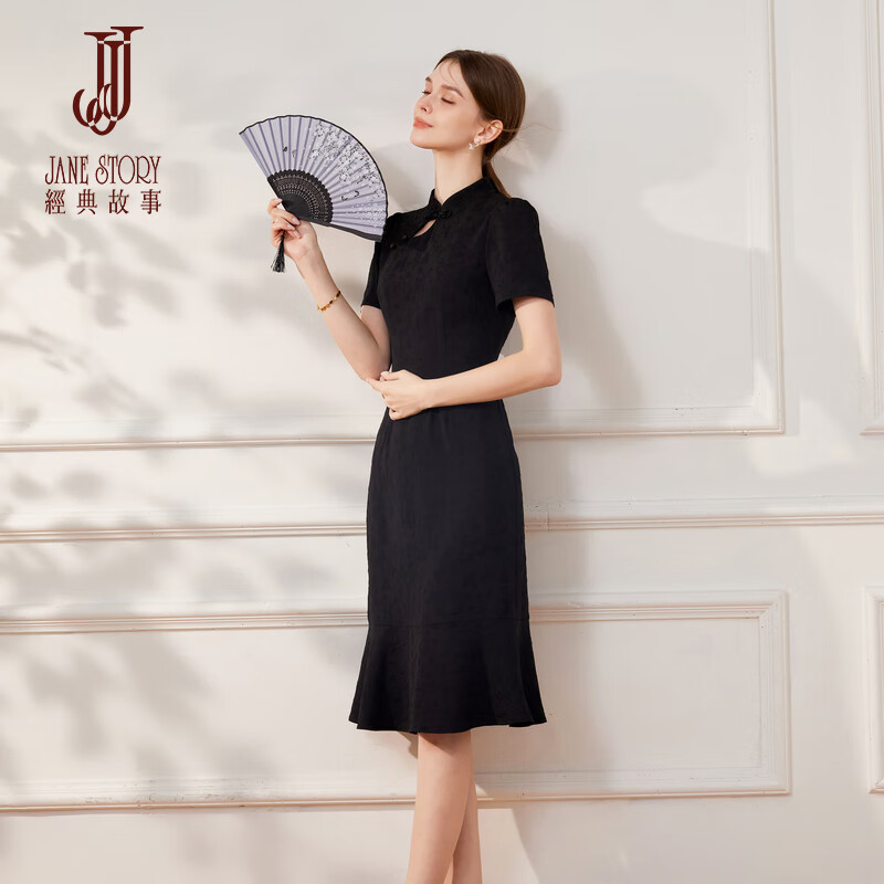 經典故事（JANE STORY）新中式黑色连衣裙2024夏季新款高级感超好看鱼尾裙小众温柔风长裙 黑色 L