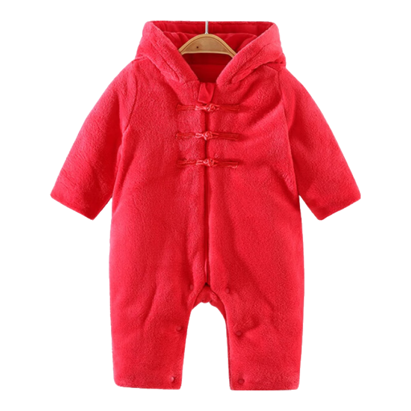 Aengbay昂貝 嬰兒衣服冬裝寶寶新年服棉衣加絨加厚保暖外出抱衣滿月嬰幼兒連體衣秋冬爬爬服 大紅色 59cm