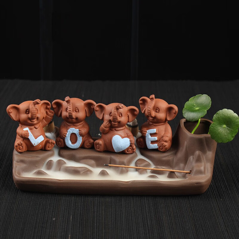 四个小象紫砂倒流烟香炉陶瓷大象家居办公摆件吉祥如意茶道摆件 四