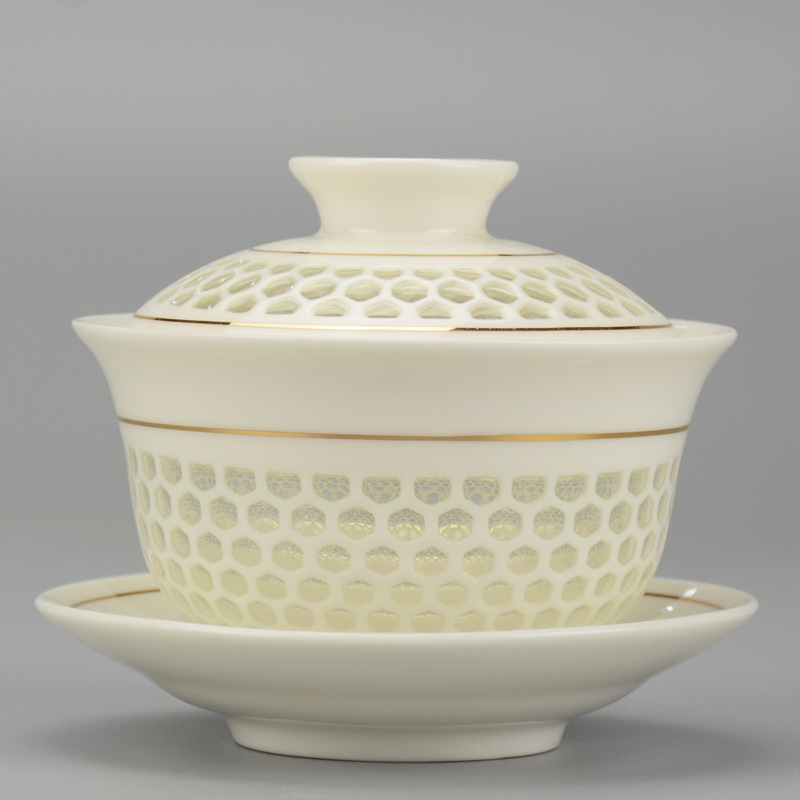 德化陶瓷蜂窝三才盖碗镂空描金功夫茶碗茶具青花白瓷大号茶碗 如意