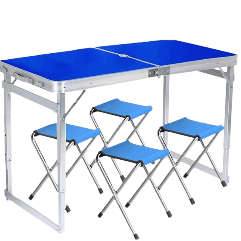 工来工往折叠桌户外桌椅折叠桌子户外野餐桌烧烤露营桌椅庭院休闲便携桌椅阳台桌子带折叠椅 加固升级方管蓝色一桌四凳