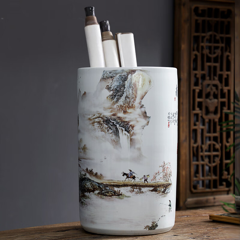 景德镇陶瓷书画筒字画卷轴收纳缸桶书房客厅装饰花瓶瓷器摆件画缸