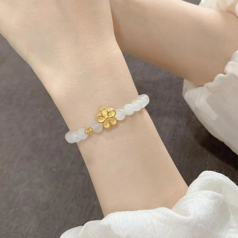桃花女手链足金999转运珠樱花粉晶白玉手串送女友礼 白珠 桃花 转运珠