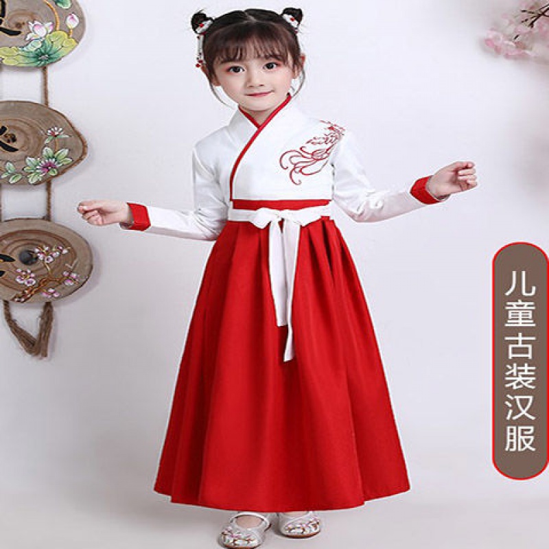 新款儿童古装汉服男女书童服装国学汉服小仙女改良襦裙表演出服装 红色 160 150-160