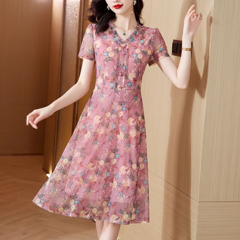 茜立里夏天穿的衣服大妈款连衣裙中老年女装碎花连衣裙夏短袖大码女装