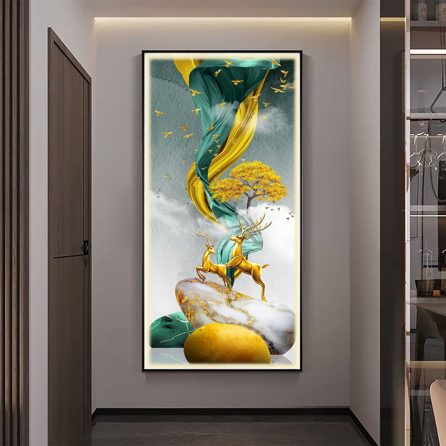 现代简约风格玄关带灯装饰画入户玄关轻奢客厅装饰画 福鹿呈祥 冰晶