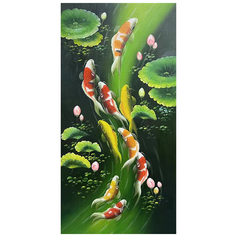 余的墙画 九鱼图纯手绘油画新中式入户玄关装饰画年年 黑色/铝合金框