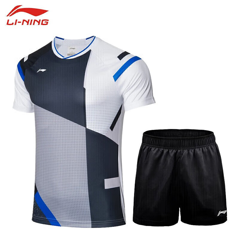 李宁（LI-NING）运动套装男款全英赛速干比赛羽毛球服AAYR011-1+短裤 标准白M码