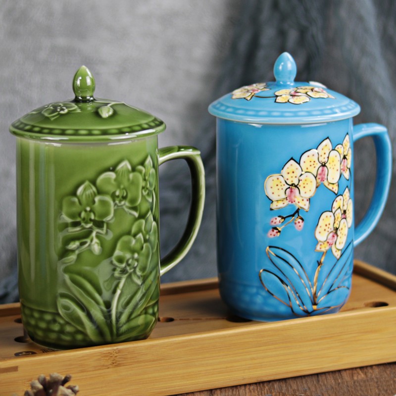 乾唐轩活瓷杯【官方授权】蝴蝶兰花高杯陶瓷杯办公茶杯水杯带盖送人礼品 耀州绿