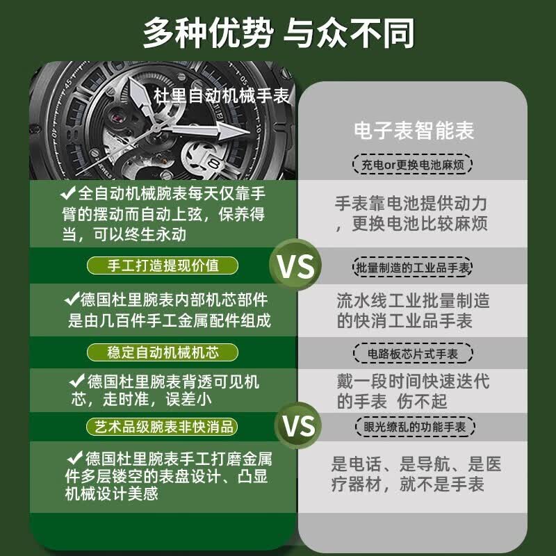 杜里（DURIUEU）进口手表男全自动机械男表进口机芯镂空日历防水十大品牌男士腕表 皮带金面 进口机芯 高端礼盒