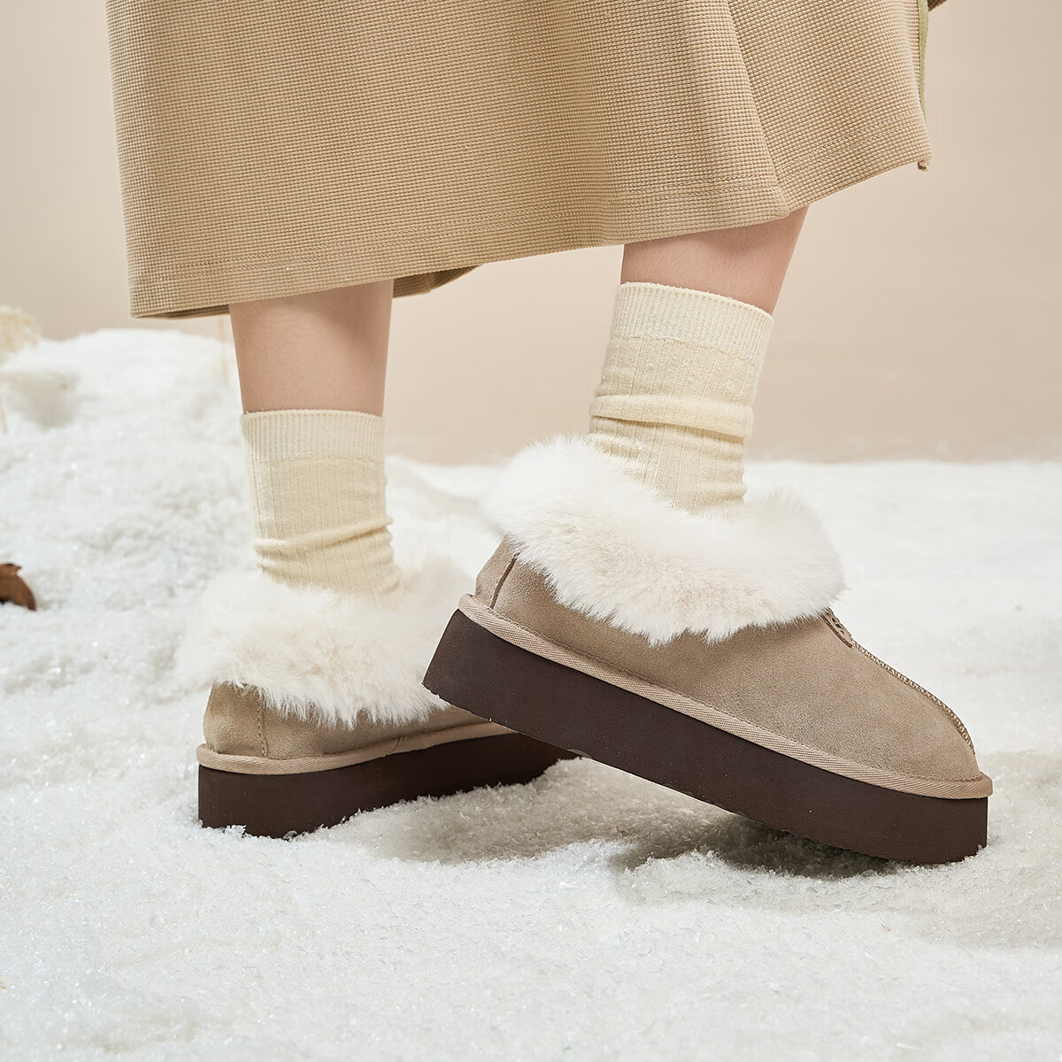 星期六真皮雪地靴厚底棉鞋女加绒毛毛鞋加棉保暖东北棉鞋女鞋网红 加绒 卡其色 36