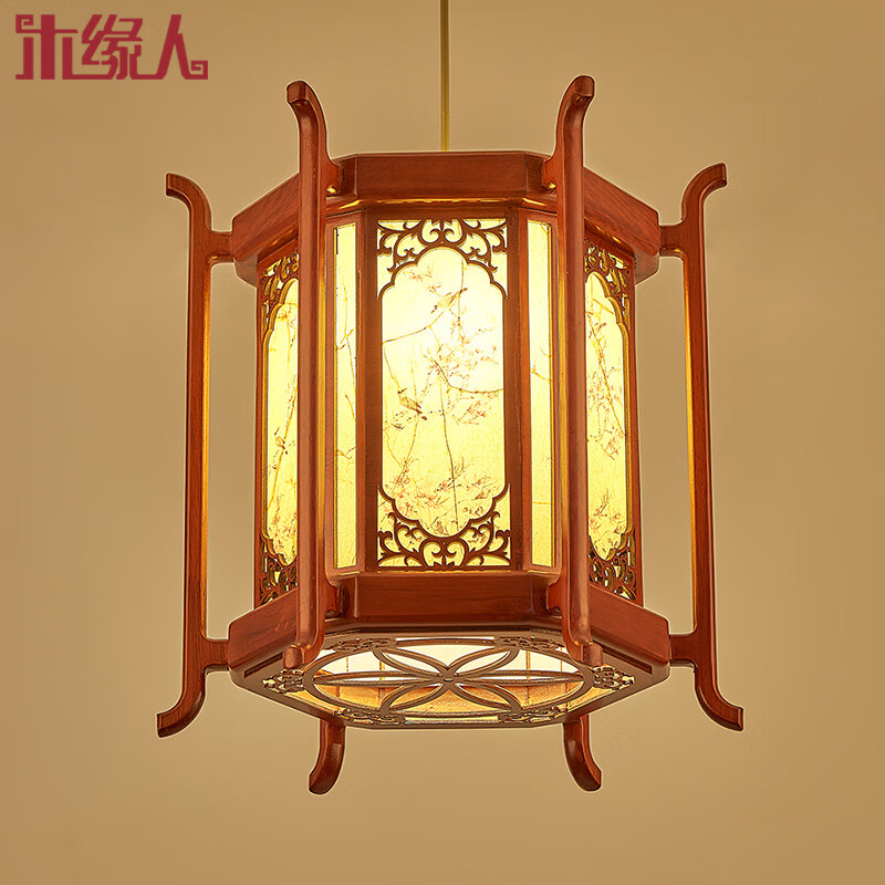 ren)中式灯笼吊灯仿古宫灯走廊过道阳台小吊灯实木艺古建筑六角羊皮灯