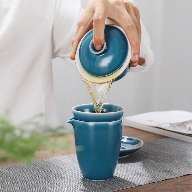 苏客 茶具套装陶瓷家用简约办公室茶壶茶杯盖碗茶碗泡茶功夫茶具礼盒装 盖碗套装(霁蓝)