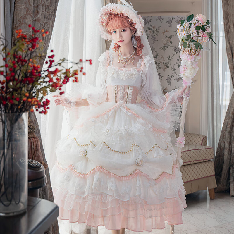 韩蔓语原创lolita华丽花嫁少女雪纺lo裙秋冬op洋装现货连衣裙 粉白
