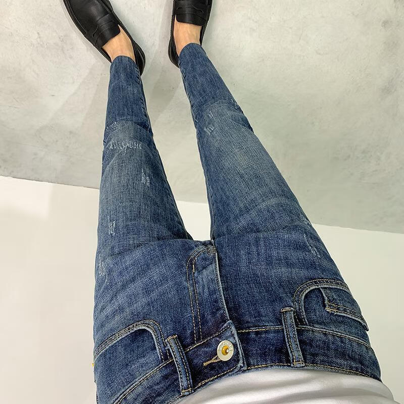 裤男潮流百搭弹力修身小脚裤子韩版抓痕简约9九分 t19款蓝色牛仔裤 27