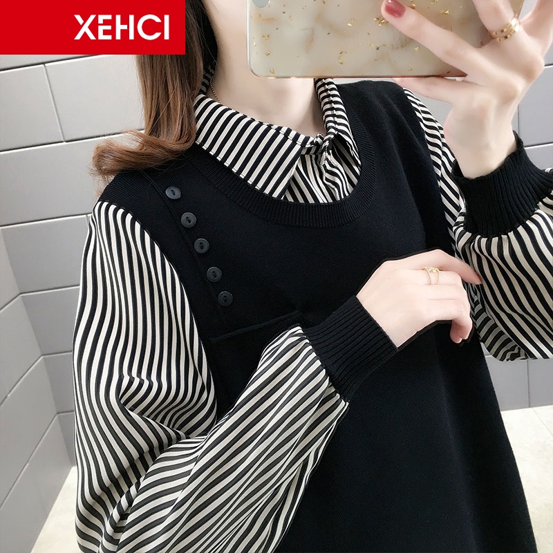 XEHCI秋装新款薄款针织衫假两件衬衫领上衣宽松百搭毛衣潮 1707黑色 2XL(建议130-145斤)