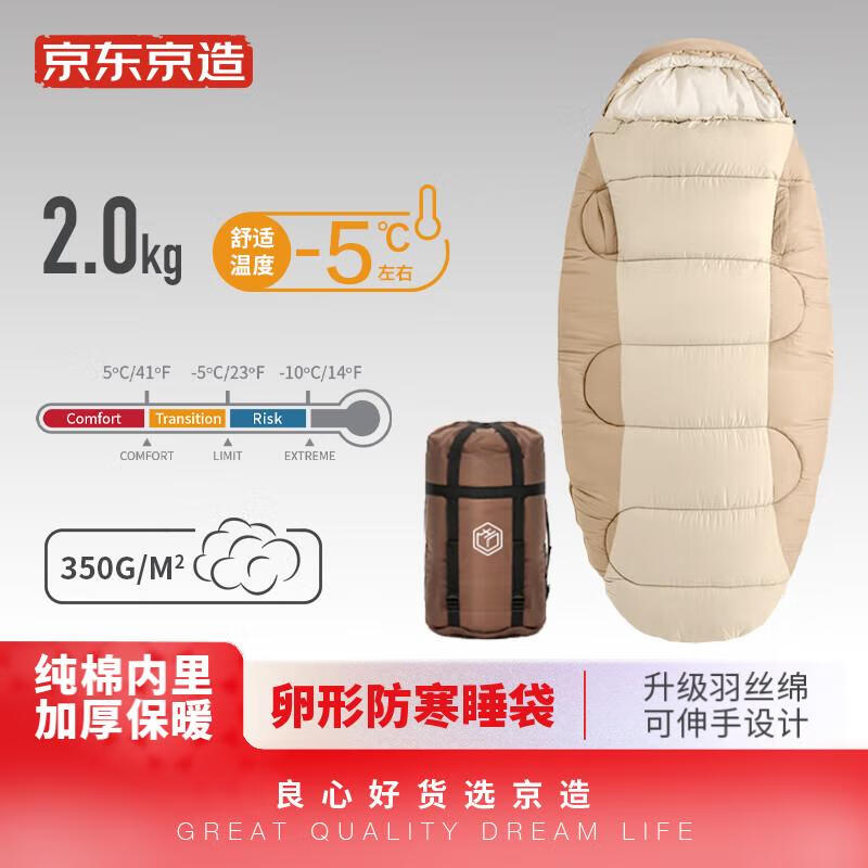 京东京造 卵型防寒睡袋 加大加厚露营 成人防潮舒适内里可伸手设计2.0kg