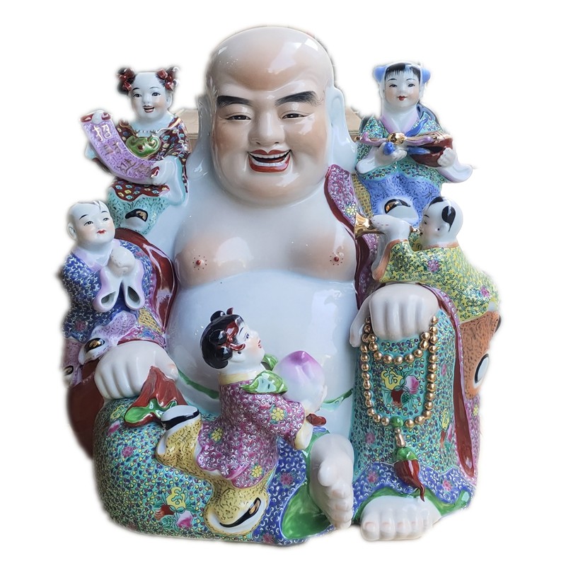 奋行景德镇瓷器手工雕塑瓷五子登科弥勒佛客厅摆件书房办公室工艺装饰