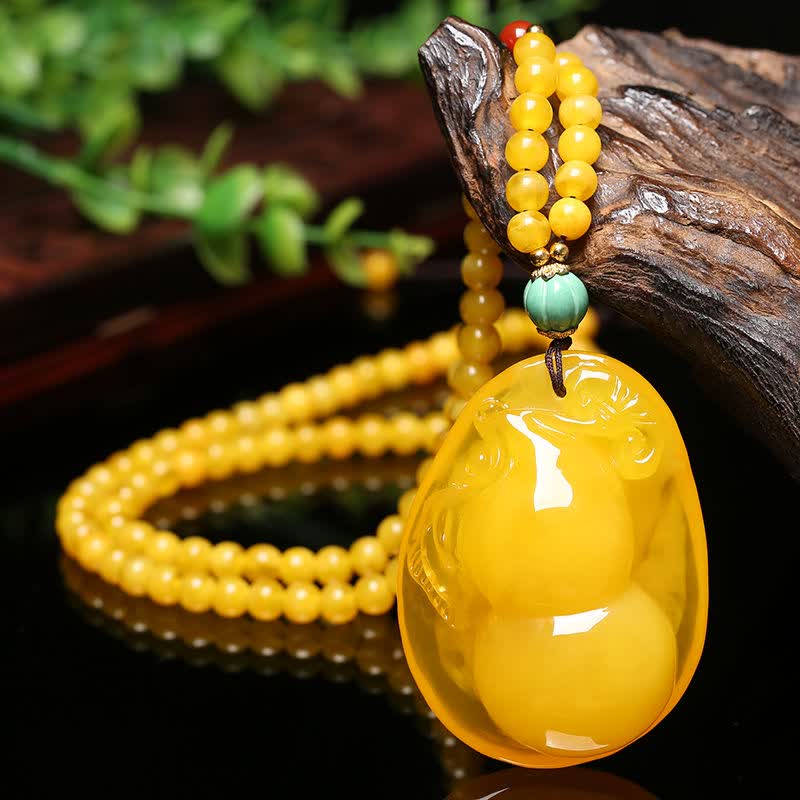 锦鼎天然波罗的海 鸡油黄琥珀蜜蜡吊坠 女福禄葫芦毛衣链 葫芦吊坠加