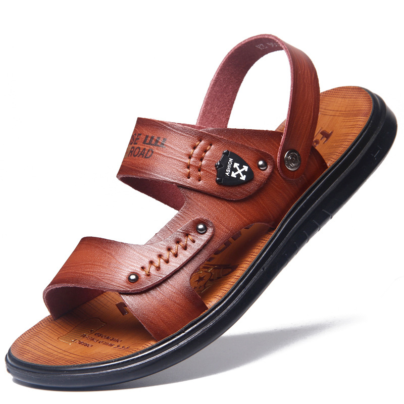 夏季真超纤潮流沙滩鞋男式凉鞋软底套脚两用透气露趾凉拖 棕色 40