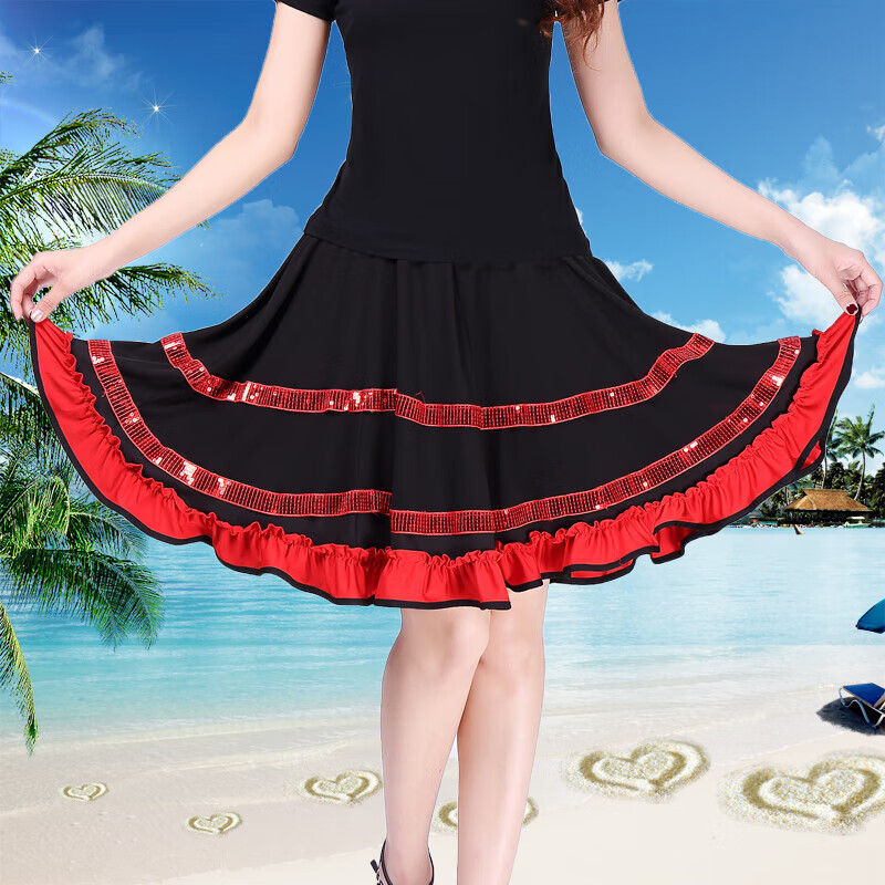 2023夏广场舞裙半身裙拉丁舞裙跳舞裙子短裙女舞蹈裙 红色绸带大摆裙