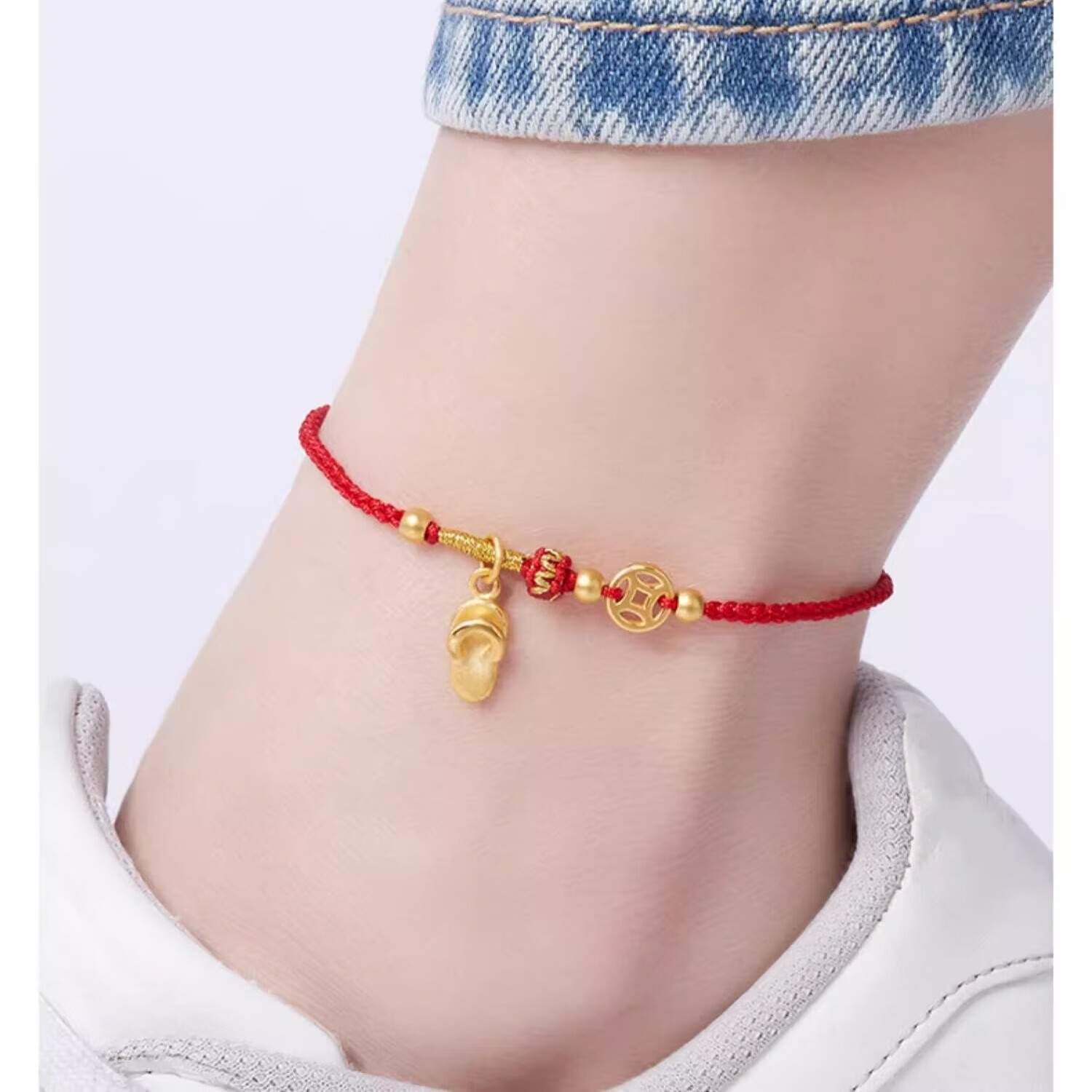 黄金钱币拖鞋金珠红绳脚链