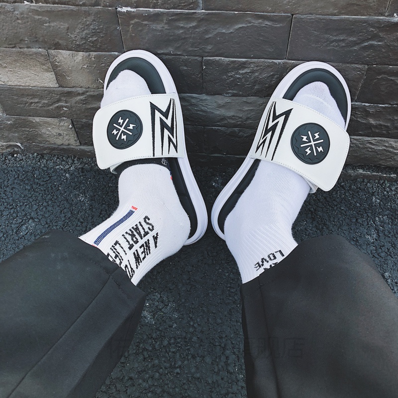 穿加大码春秋四季拖鞋男居家ins篮球运动魔术贴一字拖45浴室洗澡 白色